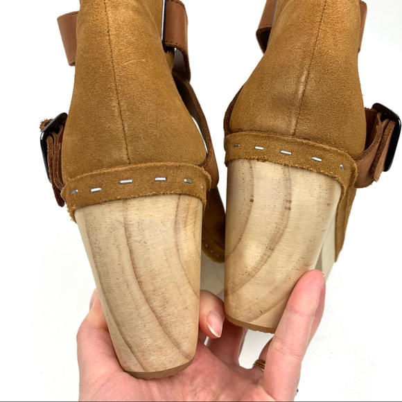 Free People Sz 40 (10) Bungalow Clog Ankle Boot Tan Suede Leather 70s Wood Heel - Picture 8 of 13